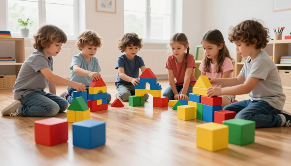 Colorful Spatial Awareness Blocks – Creative Play for Young Children Young children aged 4 to 6 building structures with colorful spatial awareness blocks in a bright playroom, developing concentration and cognitive skills through hands-on play.