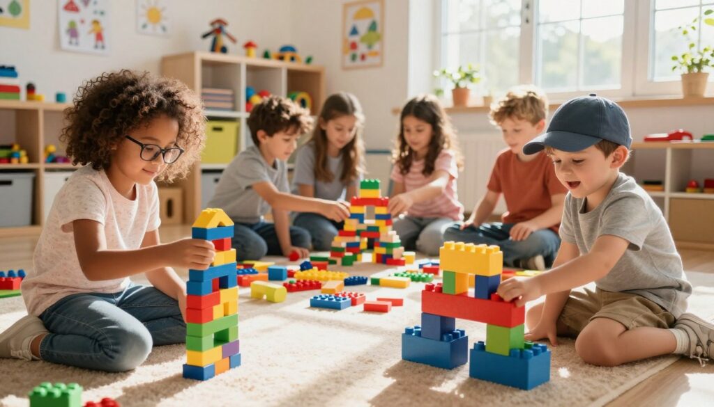 Children Playing Building Games – Cognitive Development and Creativity A vibrant and engaging scene depicting children engaged in building games, showcasing a diverse group of boys and girls aged 5 to 10 years. In the foreground, a girl with curly hair and glasses constructs a colorful block tower, while a boy with a baseball cap enthusiastically connects large foam bricks. In the middle ground, a small group collaborates on a creative structure made of wooden blocks, surrounded by various materials like LEGO and building kits. The background features a bright playroom filled with shelves of toys and educational posters, illuminated by warm sunlight streaming through large windows. The atmosphere is joyful and Group of children aged 5 to 10 playing building games in a bright playroom, stacking colorful blocks and wooden bricks to develop creativity and spatial reasoning.