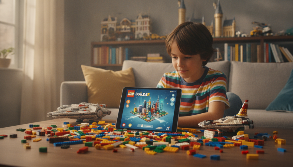 A vibrant and engaging scene showcasing a LEGO Builder App interface on a tablet in a well-lit, cozy room. In the foreground, a child, around 8 years old, wearing a colorful t-shirt and jeans, is intently interacting with the app, surrounded by an array of colorful LEGO bricks scattered on a table. The middle ground features the tablet displaying a 3D model of a LEGO structure, with bright and cheerful graphics that symbolize creativity. In the background, a cozy family living room setting is visible, with shelves filled with completed LEGO sets and educational books. Soft, natural light streams in through a window, creating an inviting atmosphere filled with excitement and learning, highlighting the fun of integrating technology with hands-on building activities.