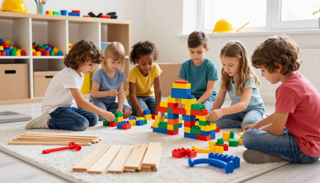 Construction play materials including colorful blocks, wooden planks, toy tools, and creative building supplies used by children for hands-on learning.