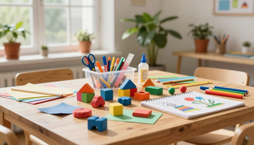 Essential Materials for Creative Construction – A Well-Stocked Kids' Workspace Organized creative workspace with colorful building blocks, clay, craft papers, and tools displayed on a wooden table in a bright sunlit room, inviting children to explore construction play.