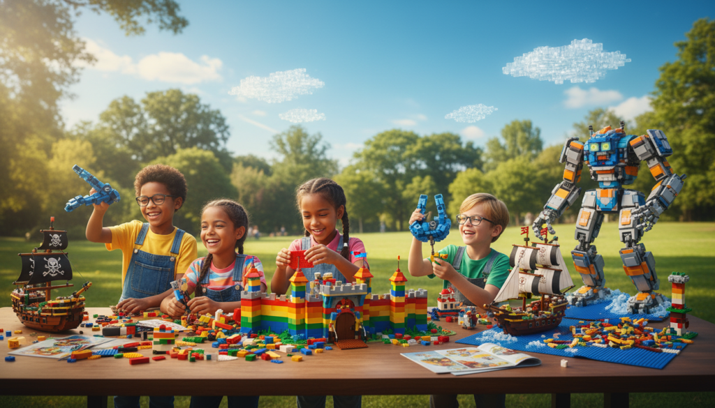 A vibrant and whimsical scene depicting the concept of "imagination" through the lens of LEGO building activities. In the foreground, a diverse group of children, aged 6 to 10, energetically create colorful structures with LEGO bricks, their faces lit up with joy and curiosity, dressed in casual, comfortable clothing. The middle of the image showcases an array of imaginative LEGO creations, including fantastical castles, robots, and vehicles, intricately designed and full of detail. In the background, a sunny outdoor park setting with green trees and a bright blue sky represents a world of endless possibilities. Soft, warm lighting casts playful shadows, enhancing the cheerful atmosphere, while a wide-angle perspective invites viewers into this lively environment, encouraging a sense of creativity and adventure.