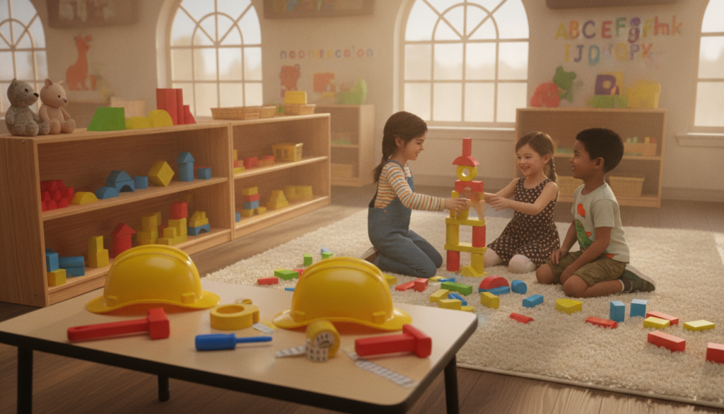 A vibrant preschool block area filled with colorful building blocks, neatly organized in open shelving and scattered across a soft, light-colored play mat. In the foreground, a small table with children’s construction tools like toy hammers and measuring tapes sits invitingly. The middle ground features preschoolers, dressed in modest, playful clothing, actively engaged in building structures, smiling and collaborating. The background is softly illuminated by warm, natural light streaming through large windows, creating a welcoming atmosphere. Soft toys and educational posters adorn the walls, enhancing the playful yet structured environment. The overall mood is joyful and creative, capturing the essence of learning through play in a well-designed construction space. A vibrant preschool block area filled with colorful building blocks, neatly organized in open shelving and scattered across a soft, light-colored play mat. In the foreground, a small table with children’s construction tools like toy hammers and measuring tapes sits invitingly. The middle ground features preschoolers, dressed in modest, playful clothing, actively engaged in building structures, smiling and collaborating. The background is softly illuminated by warm, natural light streaming through large windows, creating a welcoming atmosphere. Soft toys and educational posters adorn the walls, enhancing the playful yet structured environment. The overall mood is joyful and creative, capturing the essence of learning through play in a well-designed construction space.