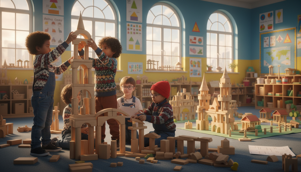 A vibrant preschool classroom scene showcasing advanced block play. In the foreground, diverse preschool children, dressed in colorful, modest clothing, are deeply engaged in a collaborative building project with a mix of oversized and standard-sized wooden blocks. One child is carefully balancing a tower of blocks, while another is adding elements like roofs and bridges to create imaginative structures. The middle ground features a variety of completed block structures, displaying creativity and teamwork. In the background, bright educational posters and large windows letting in warm, natural light fill the room, creating an inviting atmosphere. A wide-angle lens view captures the busy scene, evoking a sense of exploration and joy in learning through play. A vibrant preschool classroom scene showcasing advanced block play. In the foreground, diverse preschool children, dressed in colorful, modest clothing, are deeply engaged in a collaborative building project with a mix of oversized and standard-sized wooden blocks. One child is carefully balancing a tower of blocks, while another is adding elements like roofs and bridges to create imaginative structures. The middle ground features a variety of completed block structures, displaying creativity and teamwork. In the background, bright educational posters and large windows letting in warm, natural light fill the room, creating an inviting atmosphere. A wide-angle lens view captures the busy scene, evoking a sense of exploration and joy in learning through play.