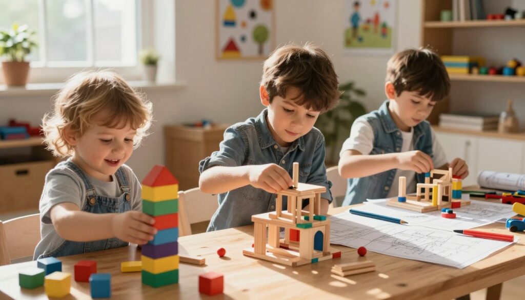 Building Skills Evolution – From Toddler to Young Engineer Three children at different ages developing building skills in a cozy playroom, from a toddler stacking colorful blocks to an older child constructing a detailed model with tools and blueprints.