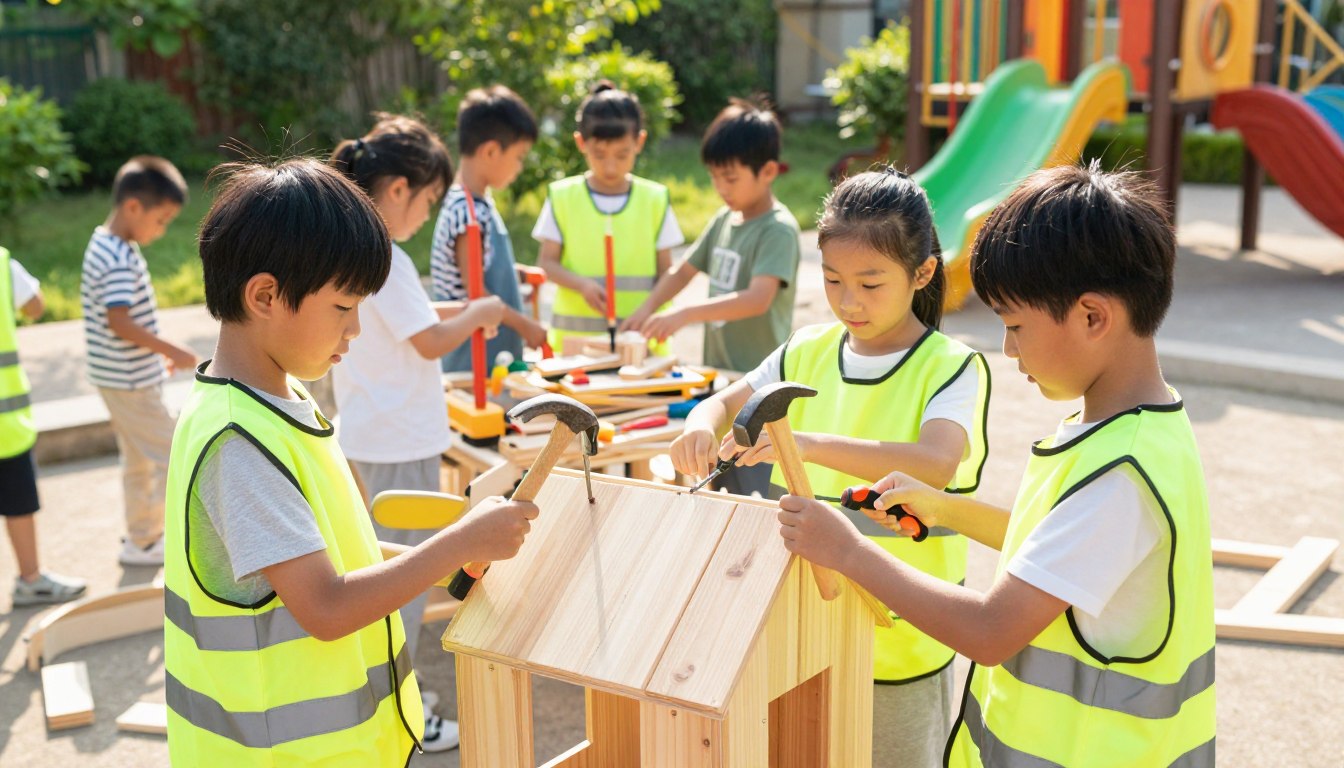 Children working together on an outdoor construction project, using tools, wooden materials, and building supplies to develop teamwork and creativity.