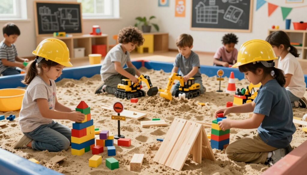 Children engaged in construction play, building with colorful blocks, wooden planks, and sandbox tools to develop creativity and problem-solving skills.