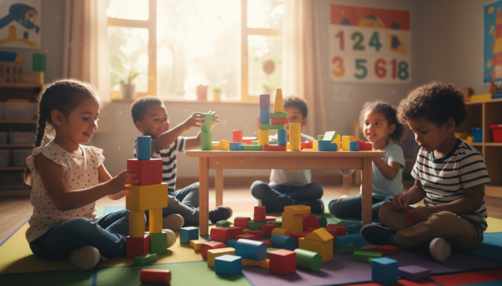 A vibrant scene of preschoolers engaging in block play in a bright, cheerful classroom setting. In the foreground, depict diverse children with smiling faces, focused on stacking colorful wooden blocks of various sizes—some rectangular, some square, and some cylindrical. In the middle ground, a low table filled with an assortment of blocks in primary colors, scattered and some expertly built into a small tower. The background features a sunny window with soft natural light streaming in, illuminating a bright mural of shapes and numbers on the wall. Capture the playful mood with a warm, inviting atmosphere, highlighting the creative chaos of block play. Use a wide-angle lens to encompass the dynamic interaction among the children while showcasing the blocks effectively. A vibrant scene of preschoolers engaging in block play in a bright, cheerful classroom setting. In the foreground, depict diverse children with smiling faces, focused on stacking colorful wooden blocks of various sizes—some rectangular, some square, and some cylindrical. In the middle ground, a low table filled with an assortment of blocks in primary colors, scattered and some expertly built into a small tower. The background features a sunny window with soft natural light streaming in, illuminating a bright mural of shapes and numbers on the wall. Capture the playful mood with a warm, inviting atmosphere, highlighting the creative chaos of block play. Use a wide-angle lens to encompass the dynamic interaction among the children while showcasing the blocks effectively.