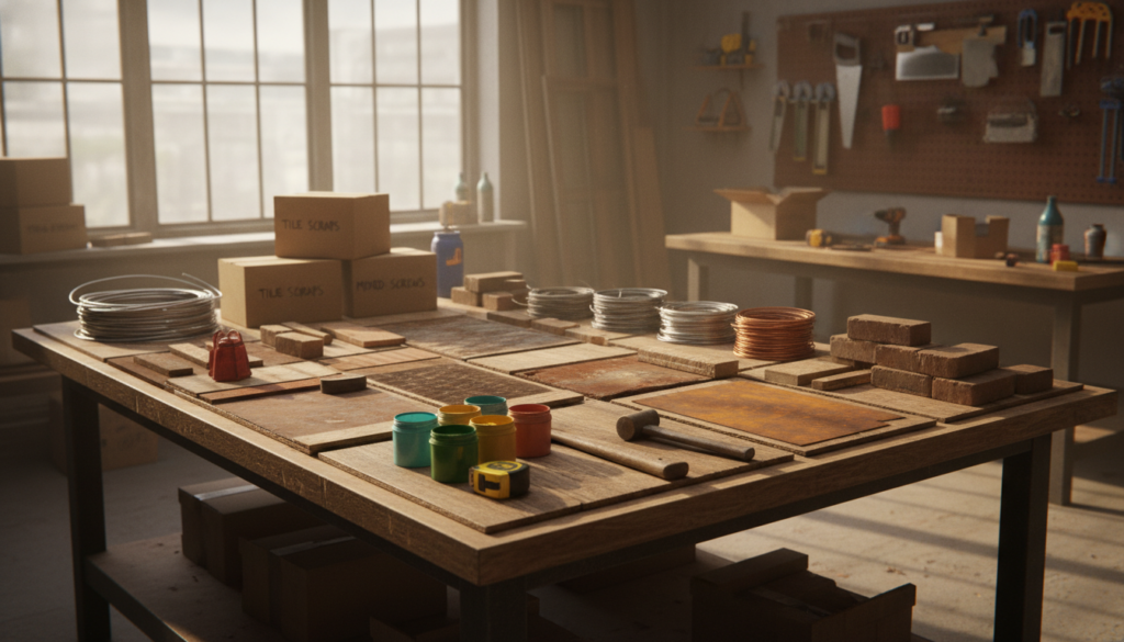 A well-organized collection of various building materials spread out on a wooden workbench, including planks of reclaimed wood, metal scraps, bricks, and rolls of wire. In the foreground, a close-up of colorful paint samples and tools like a hammer and measuring tape, hinting at creative reuse. The middle ground showcases neatly stacked boxes containing leftover tiles and screws, while in the background, soft sunlight filters through a workshop window, casting warm, inviting shadows. Photographed from a slightly elevated angle to emphasize the array of materials, the atmosphere is one of inspiration and resourcefulness, encouraging innovative thinking about repurposing supplies. The color palette is earthy and vibrant, evoking a sense of sustainability and creativity.