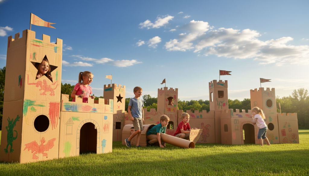 Cardboard forts and castles built from recycled boxes with kids playing in a backyard setting