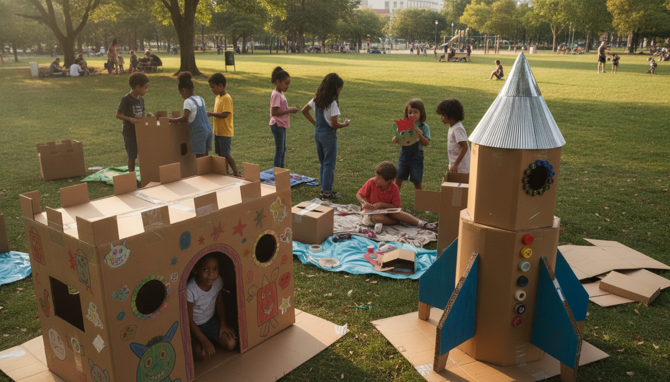 Children turning cardboard into play structures—forts, rockets, and castles—using recycled boxes and craft materials